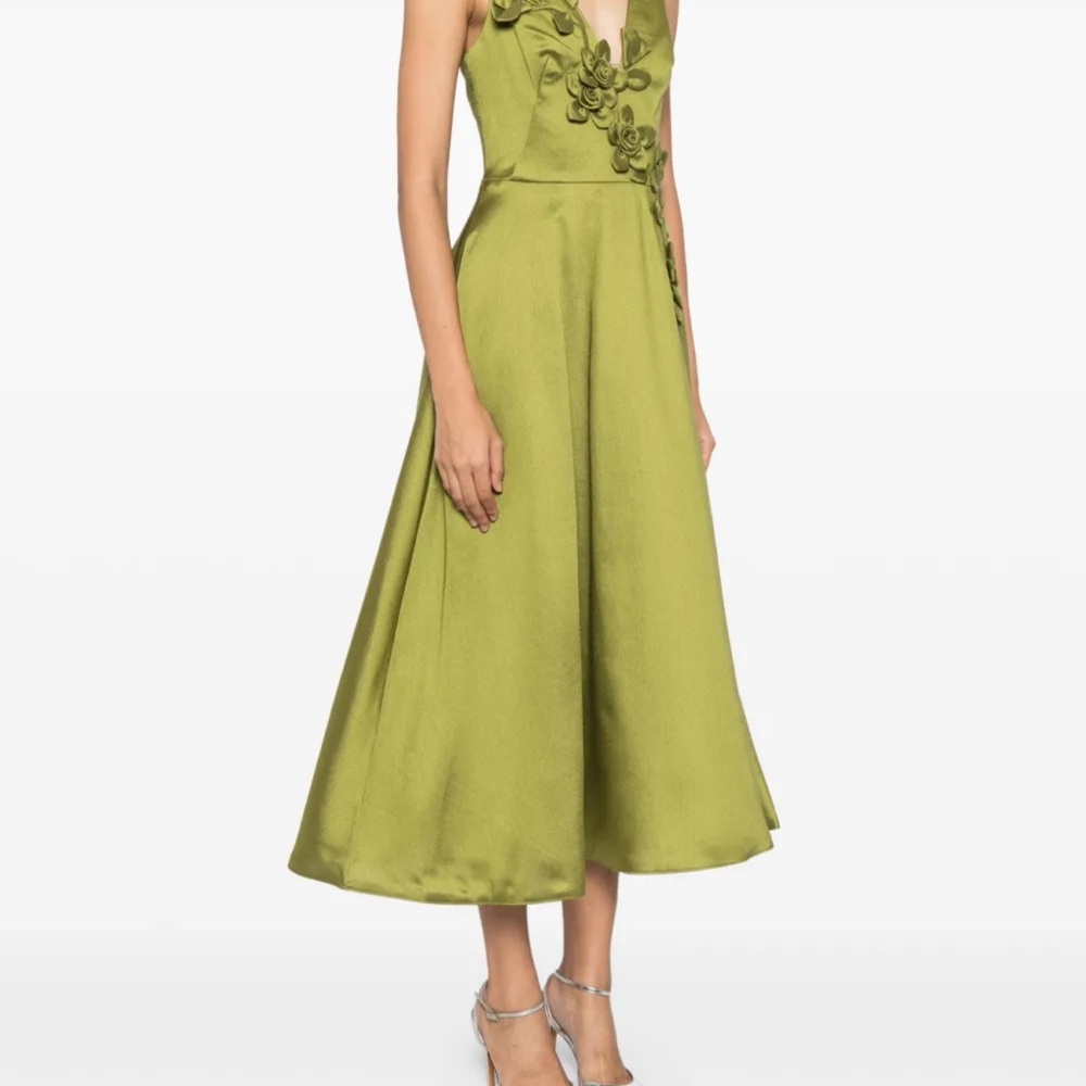 Marchesa Green Plunge Neck A-Line Midi Dress